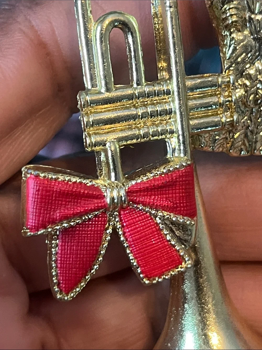 Vintage Gold Flying Dove with Trumpet Holiday Ornament with Red Bow